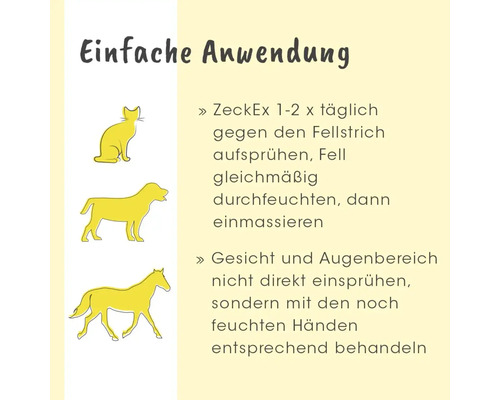 Anwendungshinweise für ZeckEx Zeckenschutz bei Hund, Katze und Pferd. Einsprühen, einmassieren und Augenbereich aussparen.