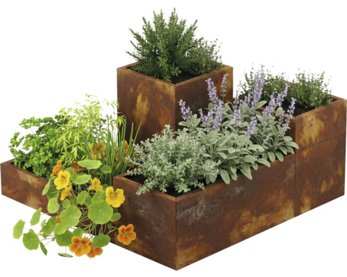 Pflanzgefäße in Rostoptik in verschiedenen Höhen, bepflanzt mit Kräutern, Kapuzinerkresse und Lavendel.