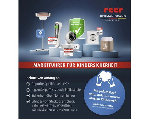 reer Logo. Verschiedene Kindersicherheitsprodukte wie Wickeltischstrahler, Babyphone und Thermometer mit Qualitätssiegeln als Marktführer für Kindersicherheit.