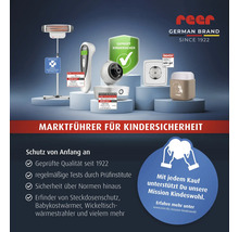reer Logo und Kindersicherheitsprodukte: Wickeltisch-Wärmestrahler, Babykamera, Thermometer, Steckdosenschutz und Nachtlicht mit Prüfsiegeln.