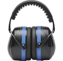 Kapselgehörschutz mit gepolstertem Kopfbügel, Schwarz und Blau.