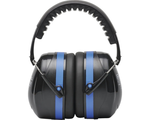 Kapselgehörschutz mit gepolstertem Kopfbügel, Schwarz und Blau.