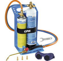 CFH Schweißgerät und Lötset mit zwei Gasflaschen, Schläuchen, Brenner, Ersatzdüsen, Schraubenschlüssel und Schutzbrille.