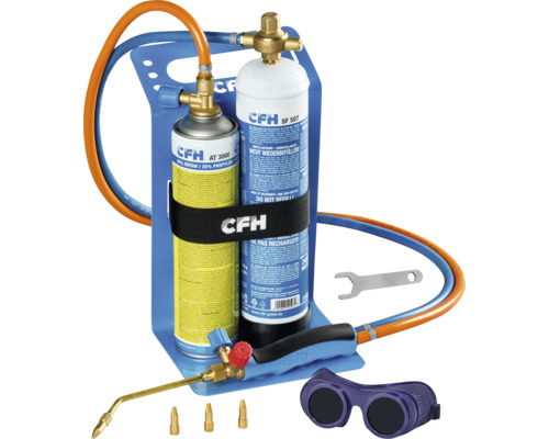CFH Schweißgerät und Lötset mit zwei Gasflaschen, Schläuchen, Brenner, Ersatzdüsen, Schraubenschlüssel und Schutzbrille.