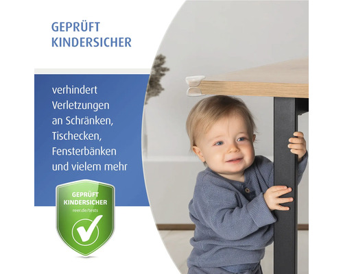 Eckenschutz für Tische, Schränke und Fensterbänke, geprüft kindersicher zur Vermeidung von Verletzungen an scharfen Kanten.