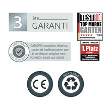 3 Jahre Garantie, ISO-zertifiziert, Test Bild Top Marke Garten 2024 Platz 1 für Terrassenüberdachungen, CE-Kennzeichnung und recycelbar.