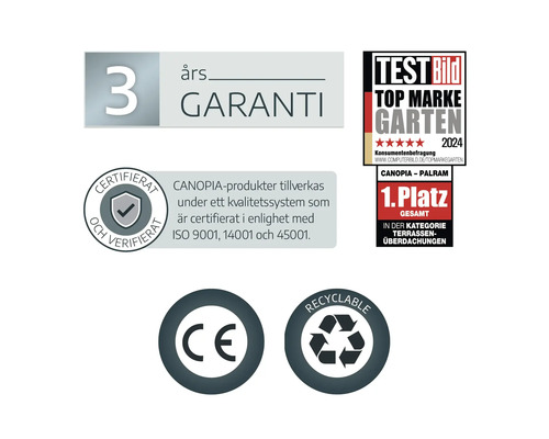 3 Jahre Garantie, ISO-zertifiziert, Test Bild Top Marke Garten 2024 Platz 1 für Terrassenüberdachungen, CE-Kennzeichnung und recycelbar.