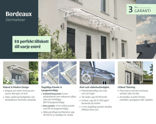 Weißes Türvordach Bordeaux über einer Haustür mit modernem Design und wetterbeständigen Paneelen aus Polycarbonat.