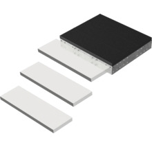 Set bestehend aus einer geriffelten Antivibrationsplatte auf einem Metallrahmen und drei rechteckigen weißen Einlegeplatten.