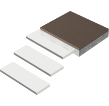 Schichtweiser Aufbau einer Terrassenkonstruktion mit geriffelter WPC-Diele auf Metallunterkonstruktion und Dämmplatten.