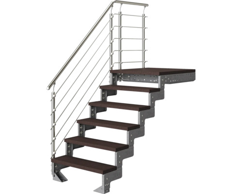 Treppe mit Metallunterbau, dunkelbraunen Stufen, Podest und Edelstahlgeländer mit horizontalen Drahtseilen.