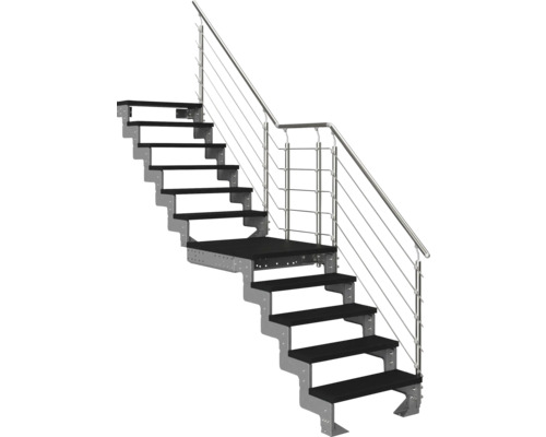 Treppe mit Metallwangen, Holzstufen, Zwischenpodest und Edelstahlgeländer mit Handlauf.