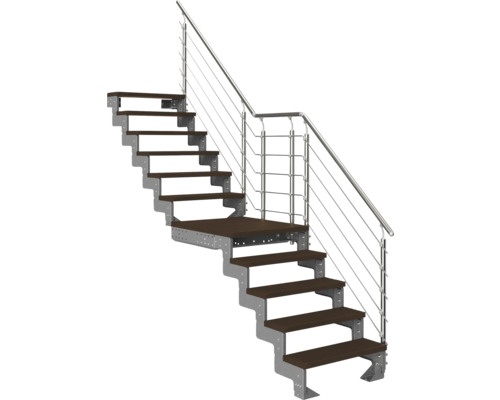 Modulare Treppe mit Zwischenpodest, Metallwangen, dunklen Holzstufen und Edelstahlgeländer mit Drahtseilen.