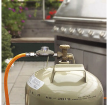 Gasflasche mit 11 Kilogramm Fassungsvermögen, Gasdruckregler und Gasschlauch angeschlossen an einen Edelstahl Gasgrill im Außenbereich.