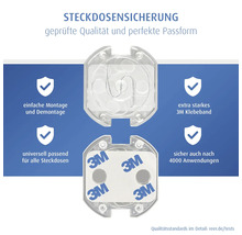Steckdosensicherung mit 3M Klebeband, universell passend, einfache Montage und sicher nach 4000 Anwendungen.