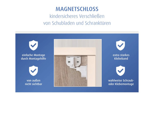 Magnetschloss für Kindersicherung von Schubladen und Schranktüren, unsichtbare Innenmontage durch Kleben oder Schrauben, inklusive Montagehilfe.