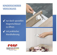 Kindersicherer Verschluss für Schubladen mit Magnetschlüssel und Wandhalterung von reer.
