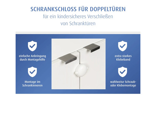 Schrank-Kindersicherung für Doppeltüren zur Montage im Schrankinneren mit Klebeband oder Schrauben.