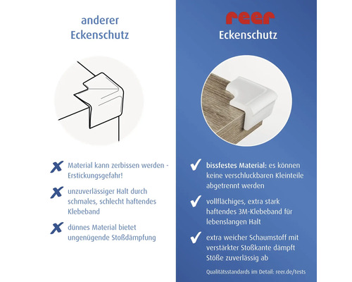 reer Logo. Vergleich von reer Eckenschutz mit anderen Modellen: Vorteile von bissfestem Material, starkem Klebeband und weichem Schaumstoff.