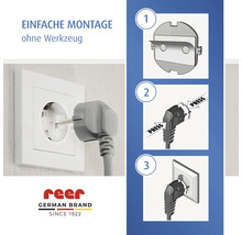Anleitung zur einfachen Montage der reer Steckdosensicherung ohne Werkzeug in drei Schritten. reer Logo.