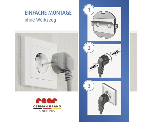 Montageanleitung für reer Steckdosenschutz ohne Werkzeug: Folie abziehen, auf Stecker drücken, in Steckdose einsetzen. reer Logo.