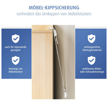 Möbel-Kippsicherung in Weiß zur Wandbefestigung, verhindert Umkippen von Schränken, geeignet für Gips- und Trockenbauwände.