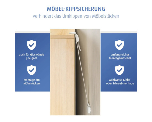 Möbel-Kippsicherung in Weiß zur Wandbefestigung, verhindert Umkippen von Schränken, geeignet für Gips- und Trockenbauwände.
