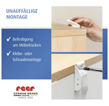 reer Logo. Unauffällige Möbel-Kippsicherung zur Klebe- oder Schraubmontage an der Möbelrückseite.