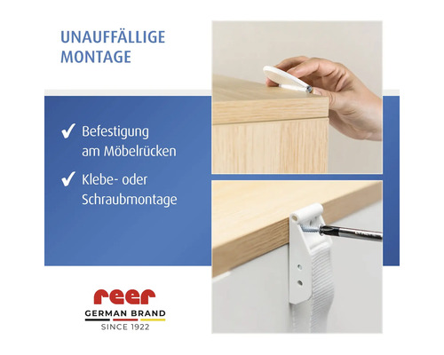 reer Logo. Unauffällige Möbel-Kippsicherung zur Klebe- oder Schraubmontage an der Möbelrückseite.