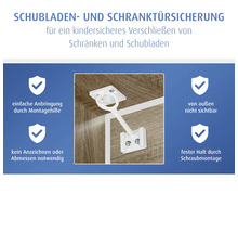 Schubladen- und Schranktürsicherung aus Kunststoff für kindersicheres Verschließen, unsichtbare Schraubmontage an der Innenseite von Möbeln.