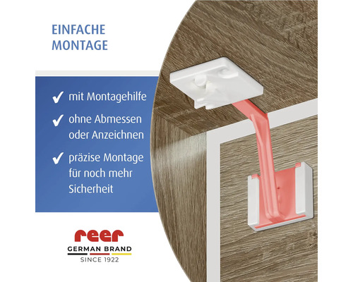 reer Kindersicherung für Schränke und Schubladen mit Montagehilfe für präzise Befestigung ohne Abmessen im Holzschrank und reer Logo.