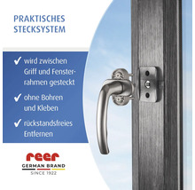 Fenstersicherung mit Stecksystem von Reer zur Montage zwischen Griff und Rahmen ohne Bohren oder Kleben. Reer Logo.