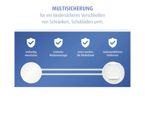 Multisicherung zur Kindersicherung von Schränken und Schubladen, vielseitig einsetzbar, einfache Klebemontage mit extra starkem 3M Klebeband.