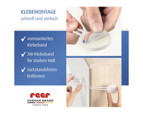 Montageanleitung für reer Mehrzwecksicherung mit 3M-Klebeband für starken Halt und rückstandsfreie Entfernung, reer Logo.