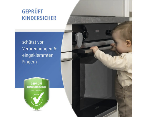 Backofensicherung für Kinder am Backofen installiert, schützt Kleinkinder vor Verbrennungen und eingeklemmten Fingern, geprüft kindersicher.