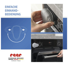 Graue Herdknopfsicherung aus Kunststoff von reer für einfache Einhandbedienung an einem Backofen. Kindersicherung. Deutsche Marke. reer Logo.