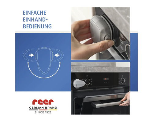 Graue Herdknopfsicherung aus Kunststoff von reer für einfache Einhandbedienung an einem Backofen. Kindersicherung. Deutsche Marke. reer Logo.