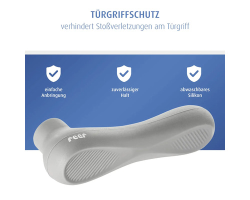 Reer Türgriffschutz aus grauem Silikon zur Vermeidung von Stoßverletzungen, einfache Anbringung, zuverlässiger Halt und abwaschbar.