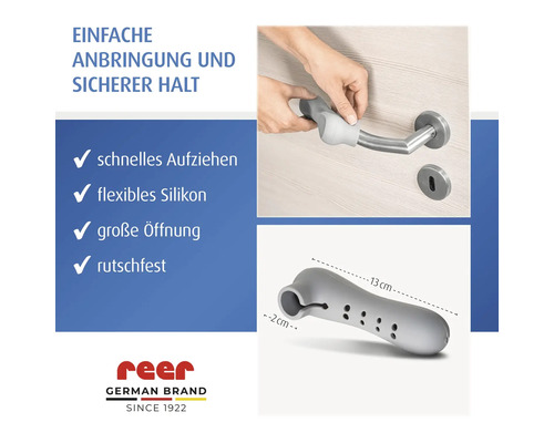 Türklinken-Schutz aus Silikon von reer, Montage an einer Türklinke, 13 Zentimeter lang, flexibel und rutschfest. reer Logo.
