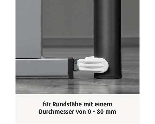 Befestigungsadapter für Treppenschutzgitter an Rundstäben mit einem Durchmesser von 0 bis 80 Millimeter.