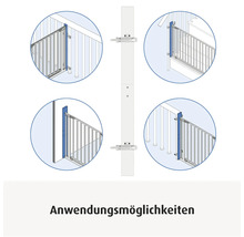 Verschiedene Anwendungsmöglichkeiten für eine Montageschiene eines Schutzgitters an Treppengeländern und Wänden.