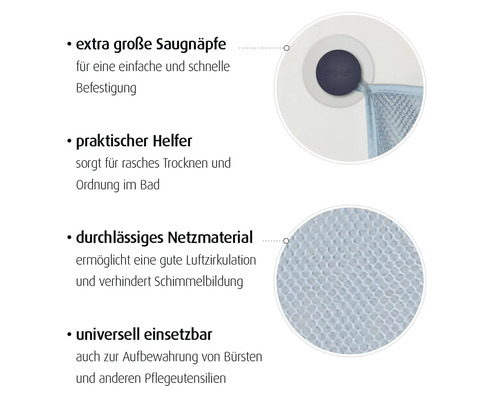 Badezimmer-Aufbewahrungsnetz mit extra großen Saugnäpfen und durchlässigem Netzmaterial für gute Luftzirkulation.