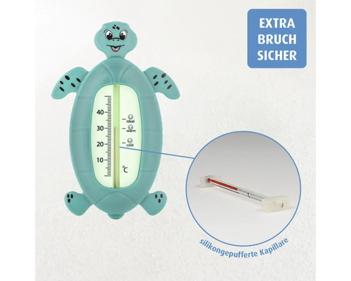 Badethermometer in Schildkrötenform, extra bruchsicher durch silikongepufferte Kapillare, Anzeige von nnull bis 40 Grad Celsius.