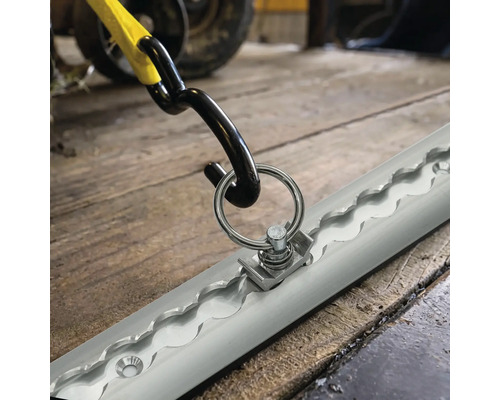 Zurrschiene mit Endbeschlag aus Metall und Haken eines Spanngurts zur Ladungssicherung auf einem Holzboden.