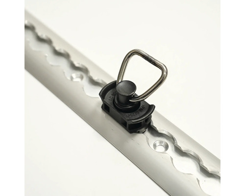Airline-Schiene aus Aluminium mit schwarzem Fitting und Metallring zur Ladungssicherung.