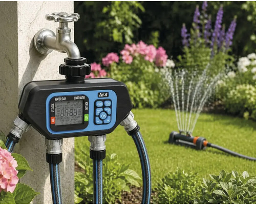 Digitale Bewässerungssteuerung von for.q an einem Außenwasserhahn mit angeschlossenen Gartenschläuchen und aktivem Rasensprenger im Garten.