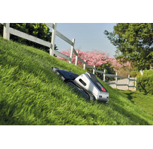 Mähroboter mit Raupenantrieb mäht einen steilen Rasenhang in einem Garten mit weißem Holzzaun.