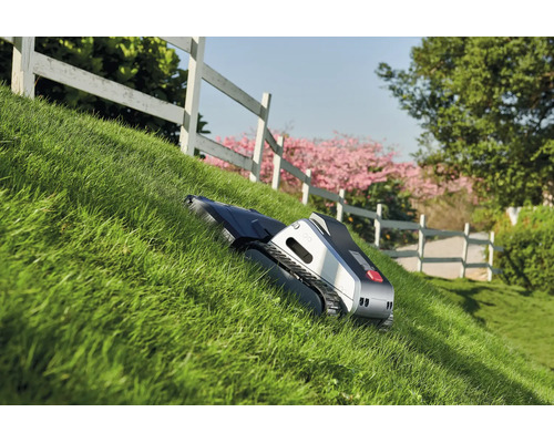 Mähroboter mit Raupenantrieb mäht einen steilen Rasenhang in einem Garten mit weißem Holzzaun.