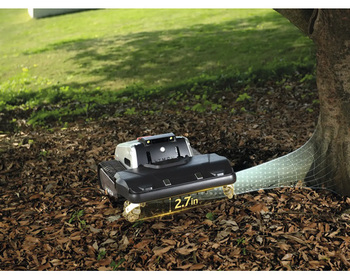 Lymow Mähroboter auf einer Laubschicht unter einem Baum mit grafisch dargestellter Sensor-Hinderniserkennung und einer Höhe von 2.7 Zoll.