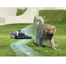 Lymow Mähroboter mit Sensoren zur Hinderniserkennung erkennt einen Hund auf dem Rasen und visualisiert den Fahrweg.